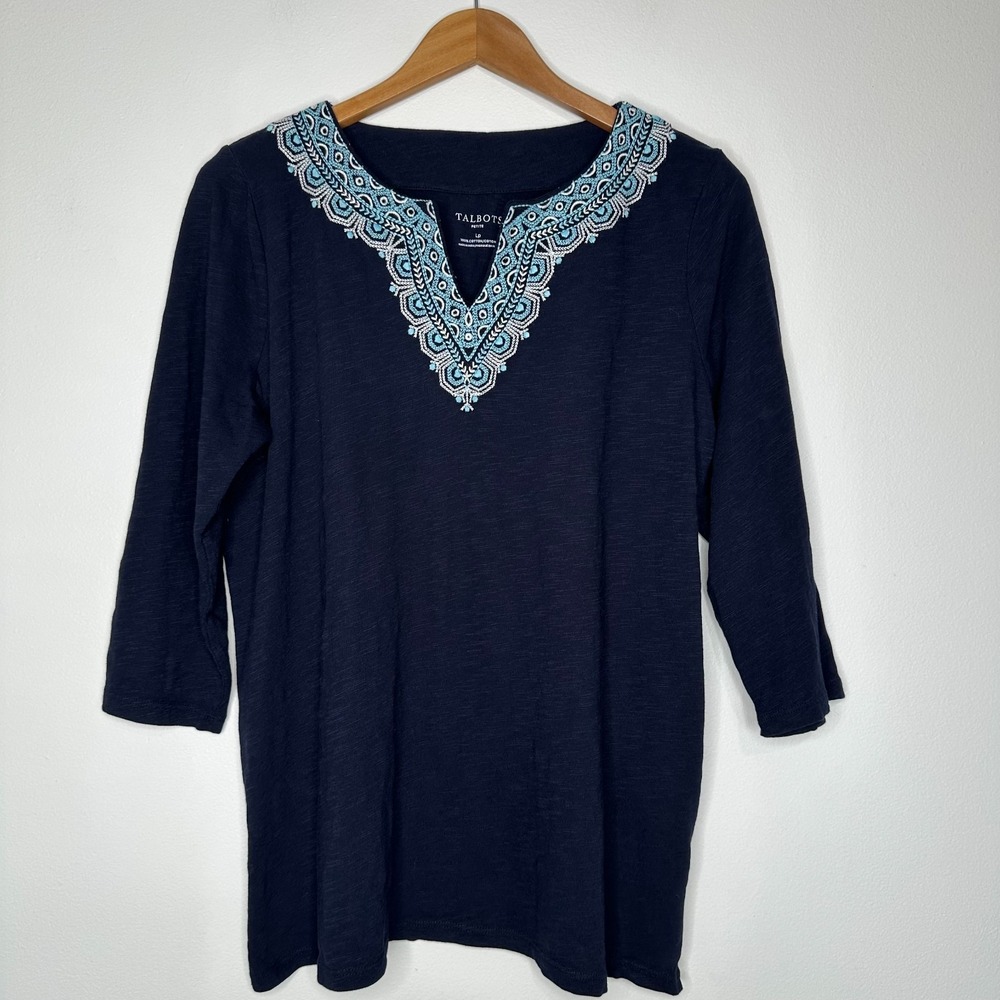 Talbots Embroidered Split Neck Tee Navy‎ Blue Cotton Petite Large